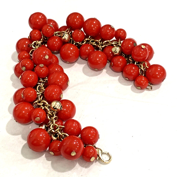 Gold chain bracelet covered with red beads beaded dangles retro bright fashion - Picture 6 of 6